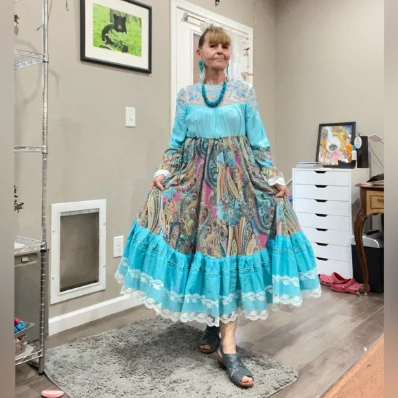 Upcycled Turquoise Boho Maxi Dress with Lacy Top & Paisley Ruffled Skirt, Size M - Picture 6 of 12